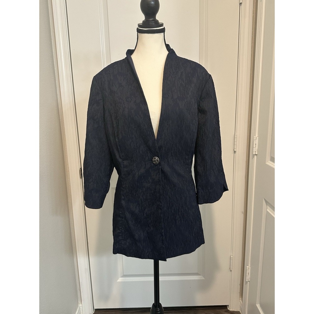 Misook‎ Navy Textured Jacquard Blazer Jacket M 3/4 Sleeve Statement Button